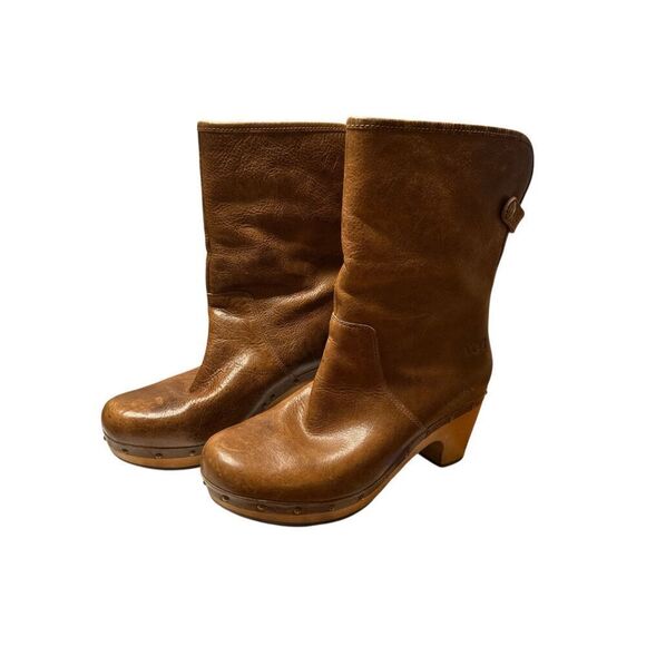 UGG Lynnea Womens Size 7 Brown Classic Outdoor Leather Heel Ankle Winter Boots - Picture 1 of 8